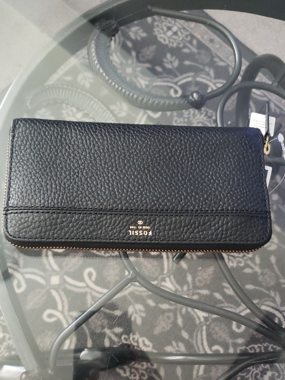 Fossil Black Pebbled Leather Zip Wallet with Gold Hardware